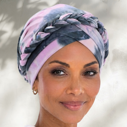 Gray Pink Tie Dye Boho Braid Turban (un-lined)