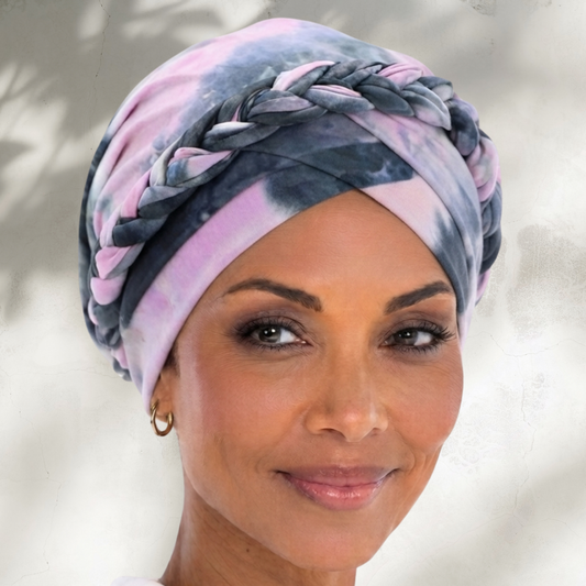 Gray Pink Tie Dye Boho Braid Turban (un-lined)