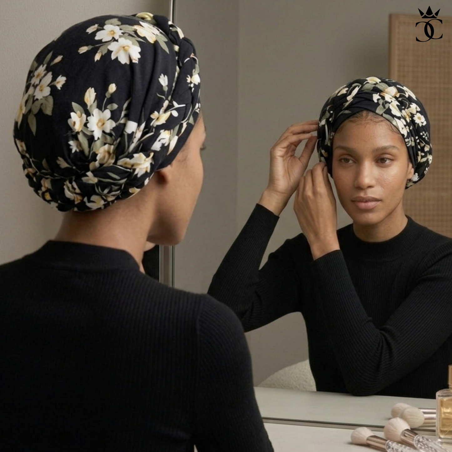 Black Flora Boho Braid Turban (un-lined)