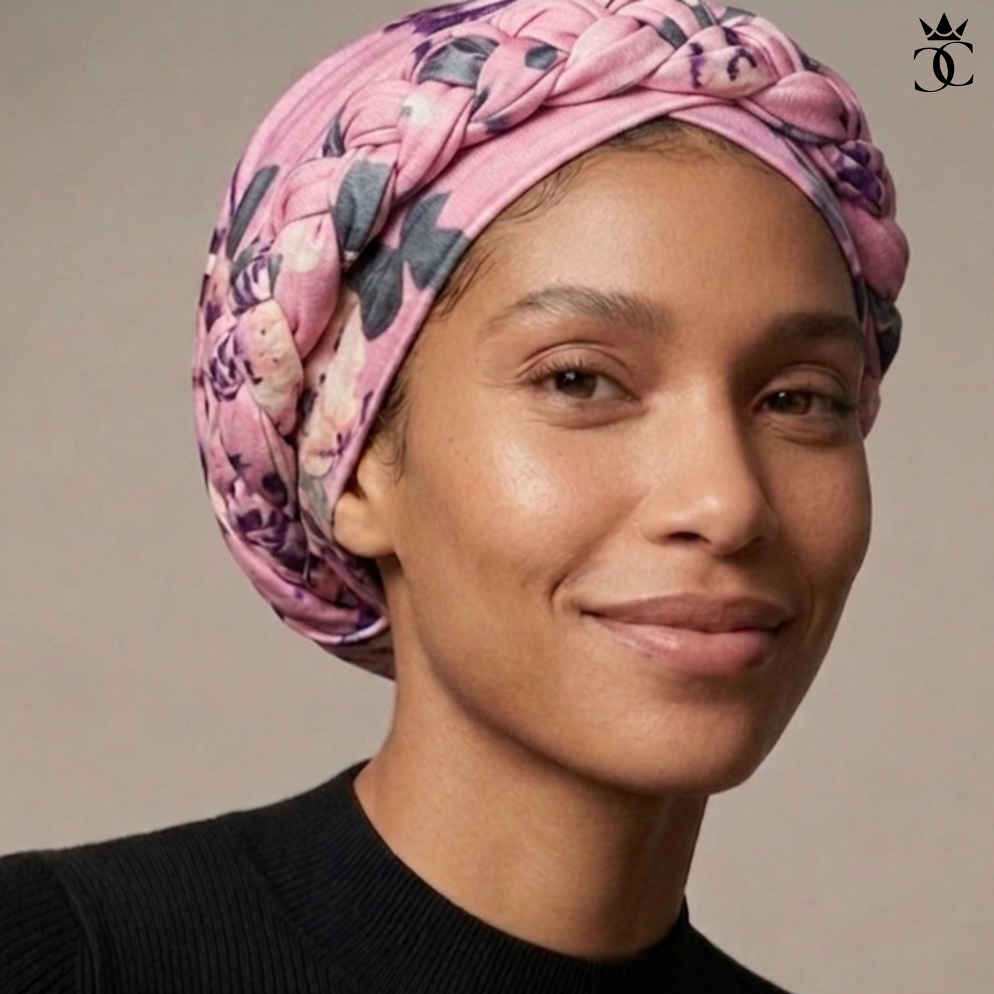 Pink Floral Boho Braid Satin-Lined Turban