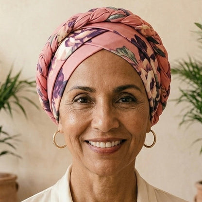 Pink Floral Boho Braid Satin-Lined Turban